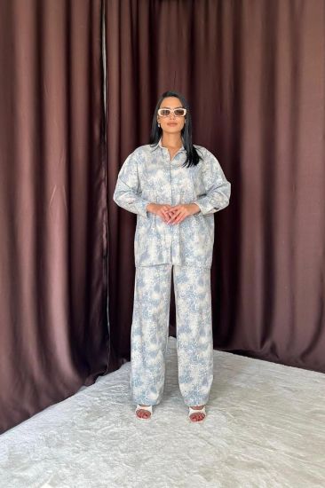 Mavi Leopar Desenli Ceket Ve Pantolon Keten Takım resmi